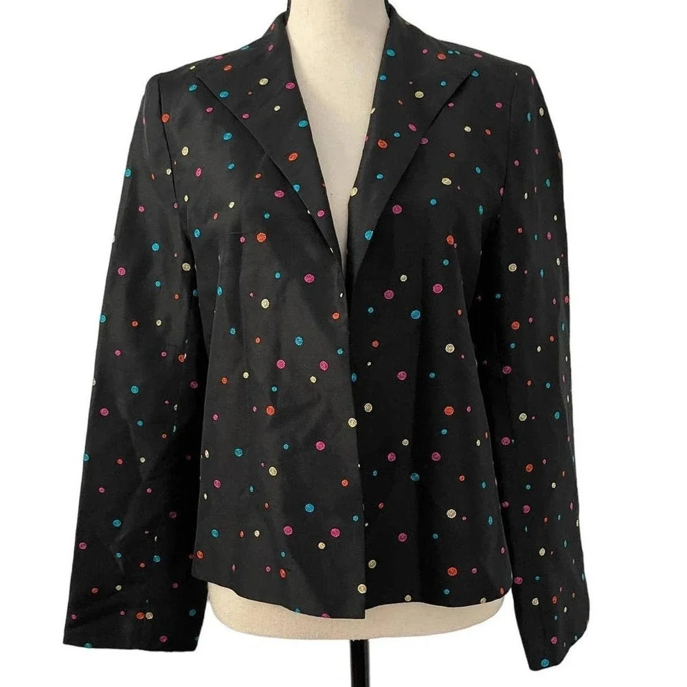 Silkland Womens Medium Black Multicolor Polka Dot Silk Blazer Jacket Long Sleeve